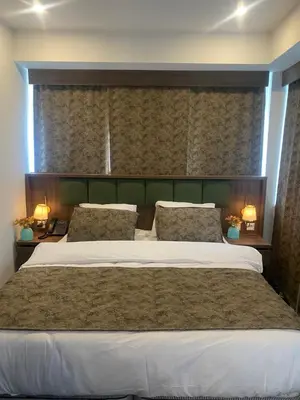 a bedroom with a large bed with a green headboard at Hotel Cataleya in Almere