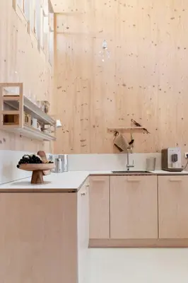 a kitchen with wooden cabinets and a plate of food on a counter at Noorderbed in Amsterdam
