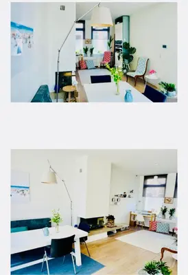 two views of a living room and a dining room at Family Beach House Zandvoort City Center in Zandvoort