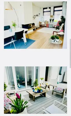 two pictures of a living room and a living room at Family Beach House Zandvoort City Center in Zandvoort