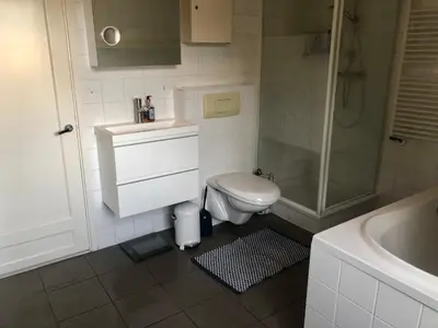 a bathroom with a toilet and a sink and a shower at Family Beach House Zandvoort City Center in Zandvoort