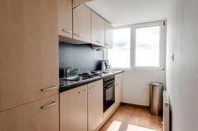 a kitchen with wooden cabinets and a sink and a window at familie Zwinkels in Zandvoort