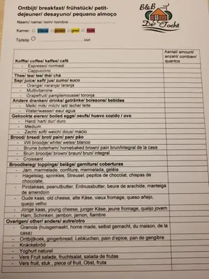 a menu for a restaurant with aasyasyropheropheropheropheropheropherophe at B & B De Tocht in Berkhout