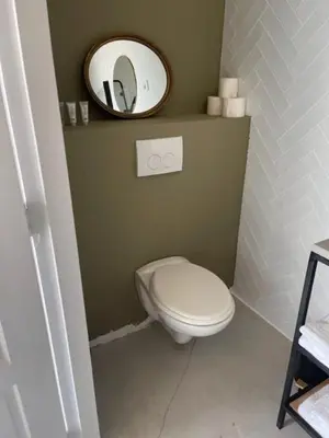 a bathroom with a toilet and a mirror at trendy boutique appartement vlak bij Amsterdam in Rijnsaterwoude