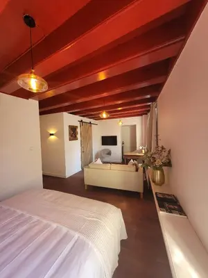 a bedroom with a white bed and a couch at Het Waterhof in Leiden
