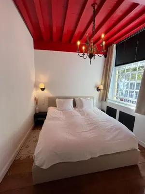 a bedroom with a bed with a red ceiling at Het Waterhof in Leiden