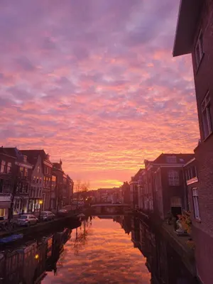 a sunset over a canal in a city with buildings at Het Waterhof in Leiden