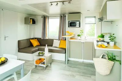 a small kitchen and living room in a tiny house at Vakantiepark Koningshof in Rijnsburg