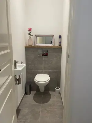 a bathroom with a toilet and a sink at Canal House in Historic City Center Gouda in Gouda