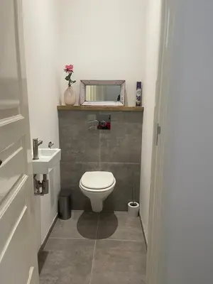 a small bathroom with a toilet and a sink at Canal House in Historic City Center Gouda in Gouda
