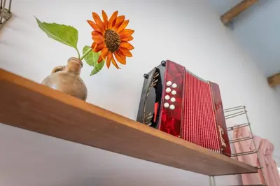 a flower in a vase on a shelf with a book at De Kaasmakerij - Ruim vakantiehuisje op Huize Blokland in Hem