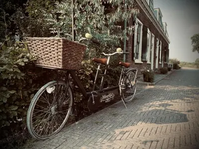 a bike with a basket parked next to a house at Bed & Breakfast [H]eerlijk! in De Kwakel