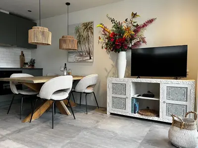 a living room with a television and a table with chairs at Olive Beach, luxury beachhouse 150 m from the beach in Noordwijk aan Zee