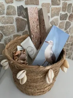 a bird sitting in a basket with shells and a picture at Appartement 't Loft in Zandvoort