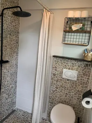 a bathroom with a toilet and a shower at Appartement 't Loft in Zandvoort