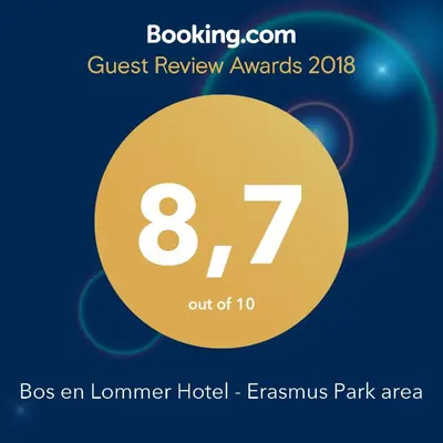 a flyer for a guest review awards with a yellow circle at Bos en Lommer Hotel - Erasmus Park area in Amsterdam