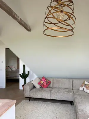 a living room with a couch and a chandelier at de Zuiderstolp in Zuidermeer