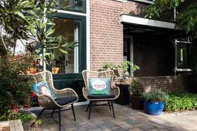 two chairs with pillows sitting on a patio at de Zuiderstolp in Zuidermeer