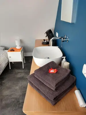 a bathroom with a white sink and towels on a counter at Hoogland aan Zee in Egmond aan Zee
