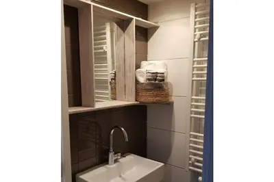 a bathroom with a sink and a mirror at Ferienhaus Noordwijk Zee & Strand in Noordwijk