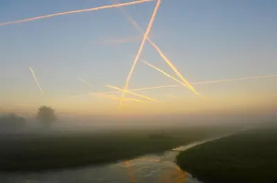 a view of a river in the fog with a tree at Natuurhuisje Gouderak in Gouderak