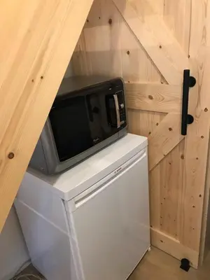 a microwave sitting on top of a refrigerator at Natuurhuisje Gouderak in Gouderak