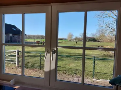a view of a field from a window at Tiny house Wakker in Eemnes