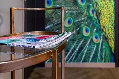 a table with a stack of magazines on it with a peacock painting at ShortStay Gouda in Gouda