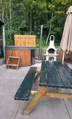 a wooden picnic table with a grill in a backyard at Balistyle guesthouse incl Hottub near Amsterdam and Haarlem in Velsen-Zuid