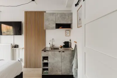 a small kitchen with a sink in a bedroom at Luxurious Private Studio Amsterdam Zuid in Amsterdam