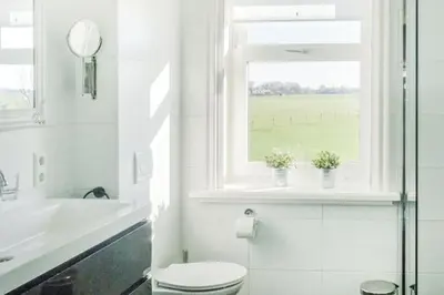 a white bathroom with a toilet and a window at Logies De Hooiberg in Lutjewinkel