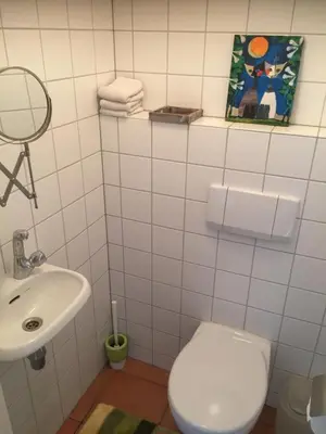 a white bathroom with a toilet and a sink at Near Amsterdam, The Hague, Leiden and North Sea in Warmond