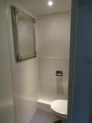 a bathroom with a toilet and a mirror at Top appartement in prachtige hart van Nederland Kortenhoef in Kortenhoef