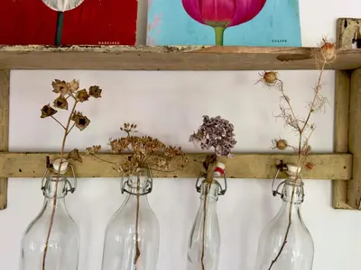 three empty wine bottles on a shelf with flowers in them at B en B Sluisje 1818 in Utrecht