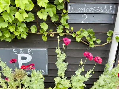 a sign on a wall with flowers and plants at B en B Sluisje 1818 in Utrecht