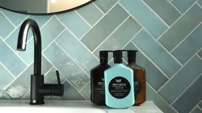 two bottles of soap on a counter next to a sink at Windhoek Apartment in Zandvoort