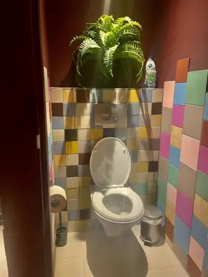 a bathroom with a toilet and a potted plant at Luxe in stiltegebied tussen loslopende Alpaca’s in Eemdijk