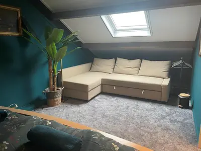 a living room with a couch and a window at Luxe in stiltegebied tussen loslopende Alpaca’s in Eemdijk