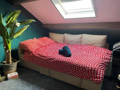 a bed with a red and white polka dot blanket at Luxe in stiltegebied tussen loslopende Alpaca’s in Eemdijk