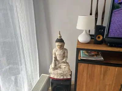 a statue of a buddha sitting next to a tv at center appartement 2 rooms in Alphen aan den Rijn