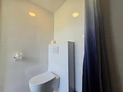 a white bathroom with a toilet and a shower at De Witte Vos in Egmond aan Zee