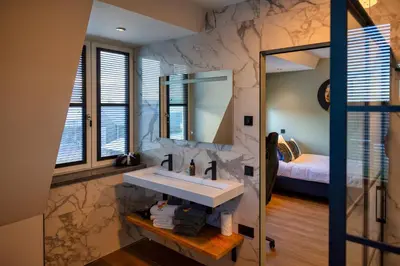 a bathroom with a sink and a mirror at Villa Savannah in Roelofarendsveen