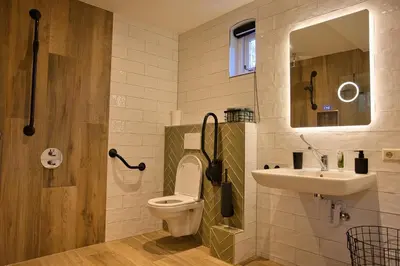 a bathroom with a toilet and a sink and a mirror at Het Gouwe Boetje in Hoogwoud