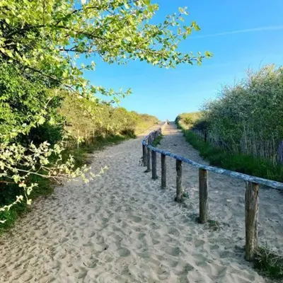 a dirt path on a beach with a fence at Cosy beach house for ocean & nature lovers in Noordwijk