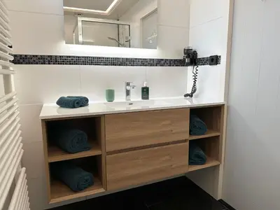 a bathroom with a sink and a mirror at Zaandam Cottage Centre - Zaanse Schans Amsterdam in Zaandam