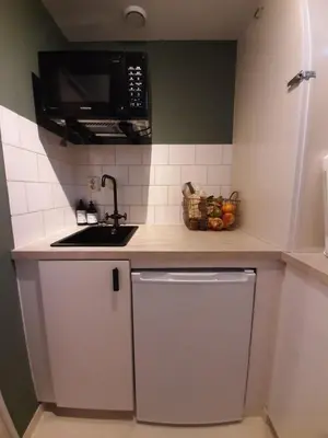 a small kitchen with a sink and a microwave at B&B Hendricus in Hoofddorp