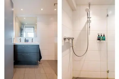 two images of a bathroom with a shower and a sink at Zon Modern beach house in Bergen aan Zee