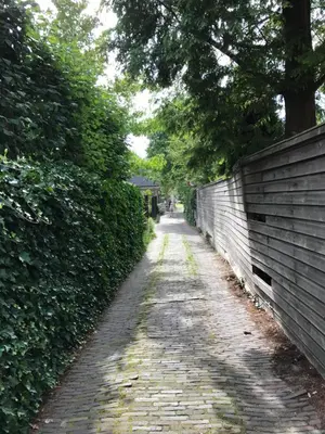 a brick path next to a wall with trees at Het Kraaienest in Zaandam