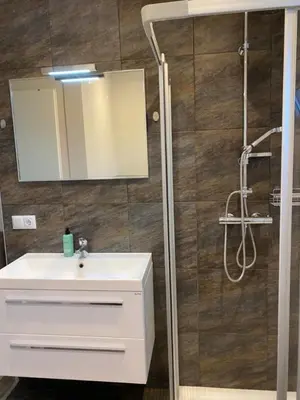 a bathroom with a sink and a shower at Seaside in Bovenkarspel