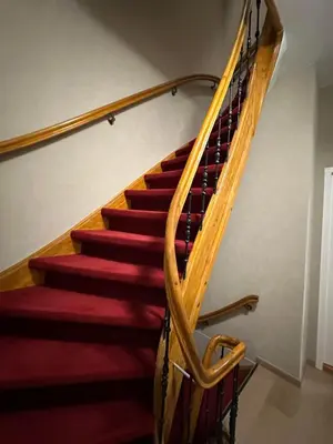 a staircase with red carpet and a wooden rail at Voyagers Amsterdam in Amsterdam